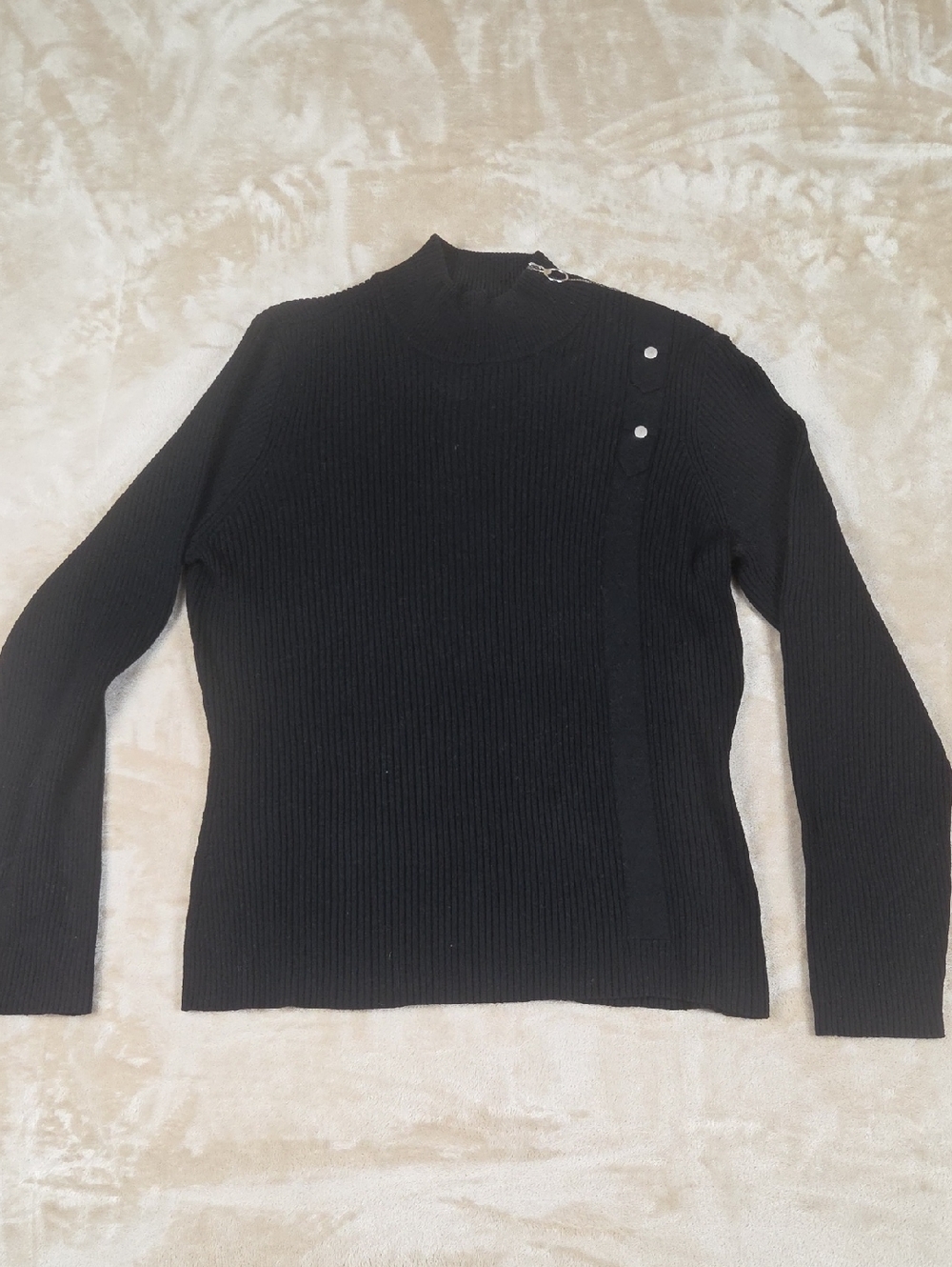 Colette Mordo Black Ribbed Mock Neck Sweater with Shoulder Button Detail